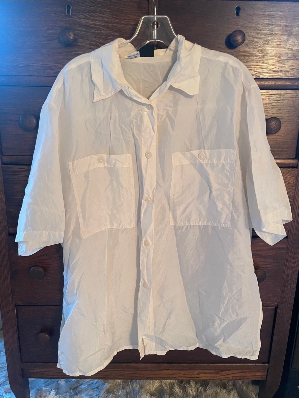 Vintage White 100% Silk Short-Sleeve Button-Down Shirt